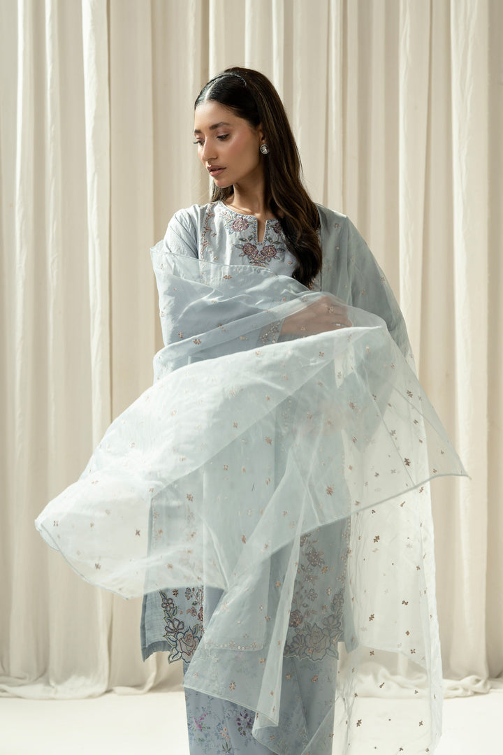 Embroidered Raw Silk Light Blue Stitched Suit - Zeen