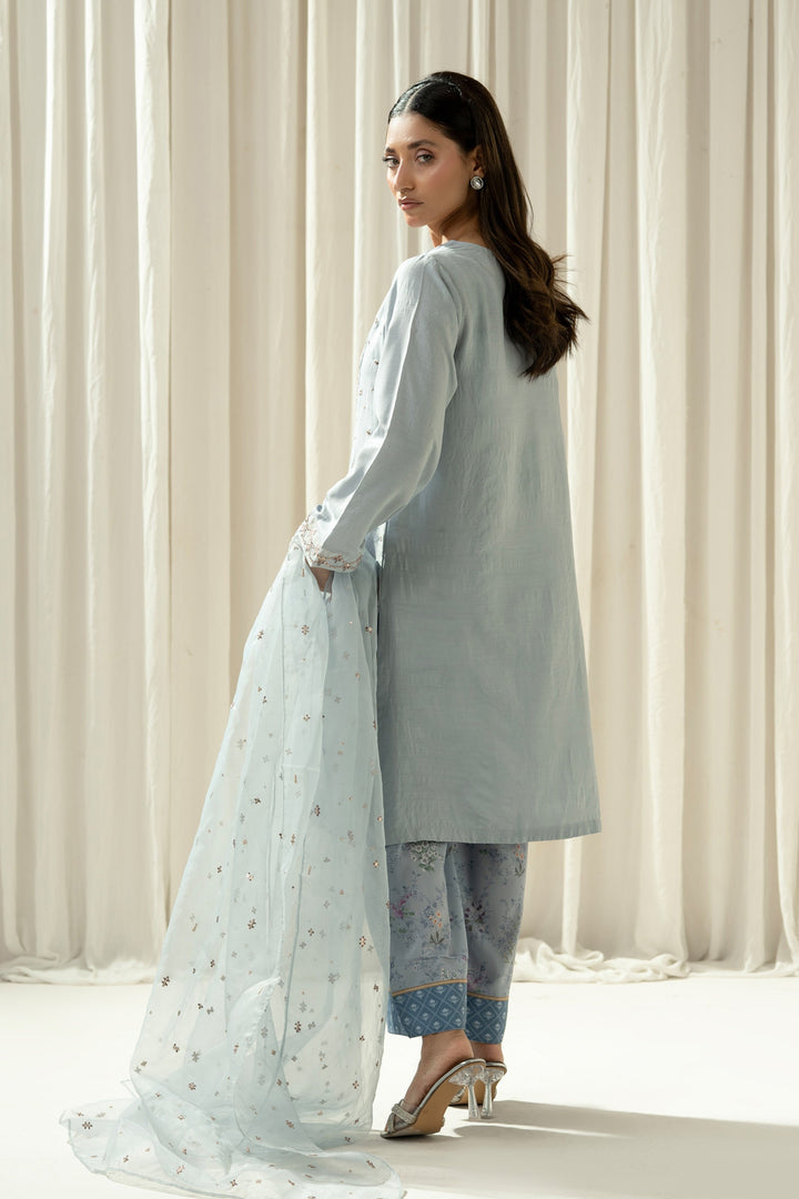Embroidered Raw Silk Light Blue Stitched Suit - Zeen