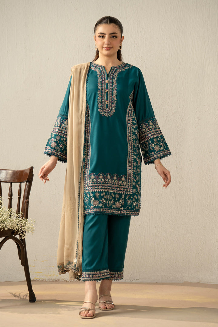 Embroidered Raw Silk Teal Stitched Suit - Zeen