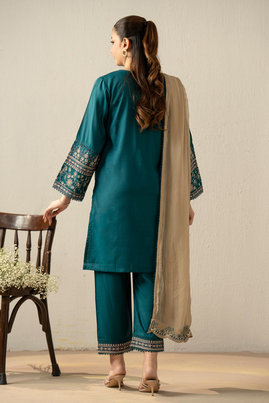 Embroidered Raw Silk Teal Stitched Suit - Zeen
