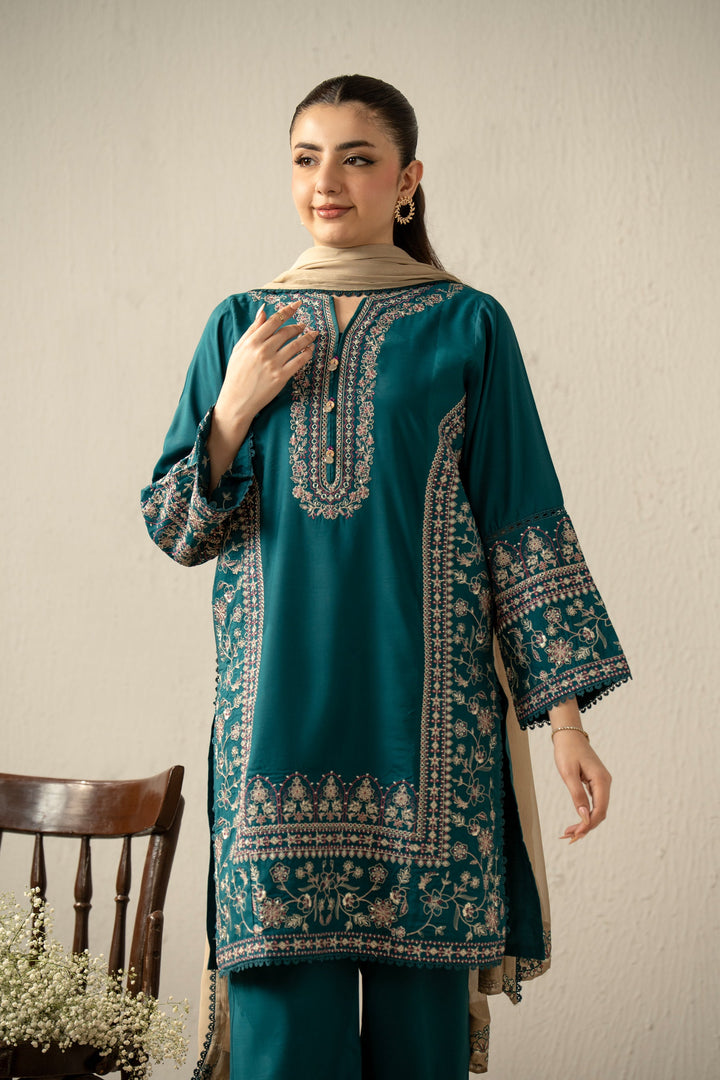 Embroidered Raw Silk Teal Stitched Suit - Zeen