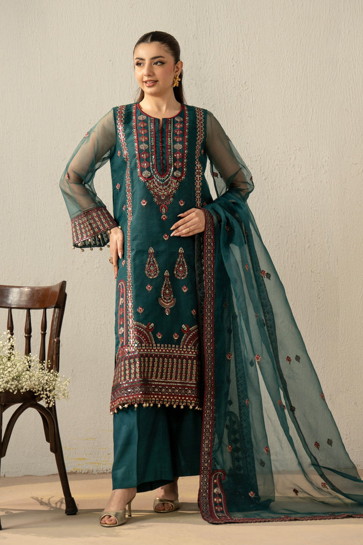 Embroidered Organza Dark Green Stitched Suit - Zeen