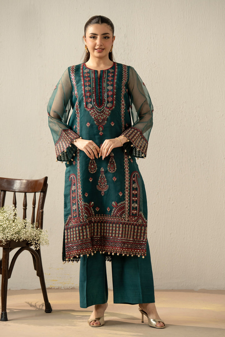 Embroidered Organza Dark Green Stitched Suit - Zeen