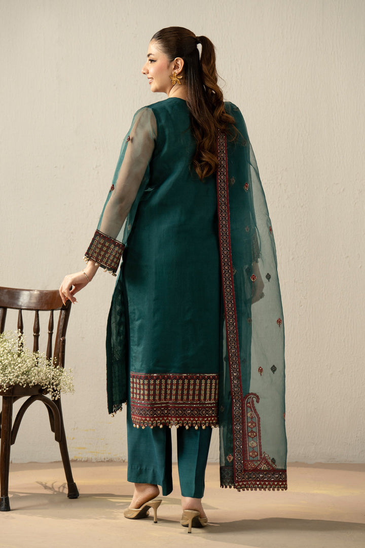 Embroidered Organza Dark Green Stitched Suit - Zeen