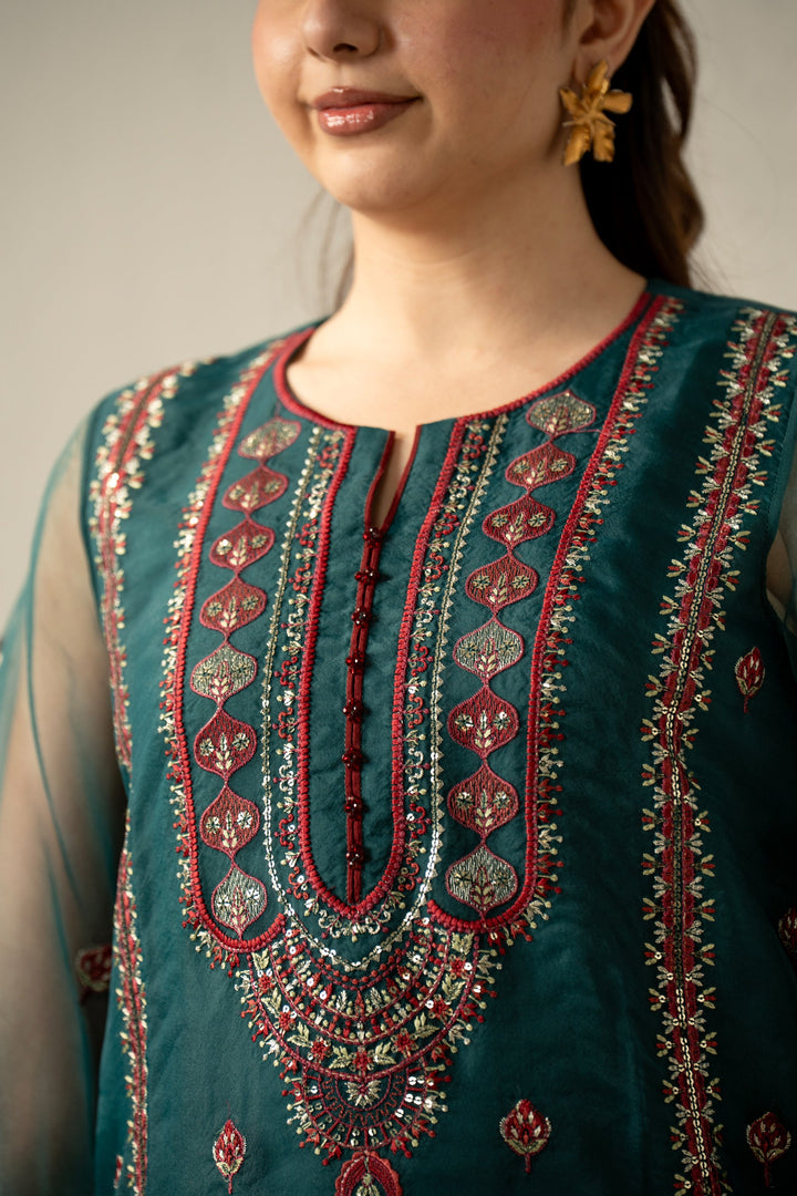 Embroidered Organza Dark Green Stitched Suit - Zeen