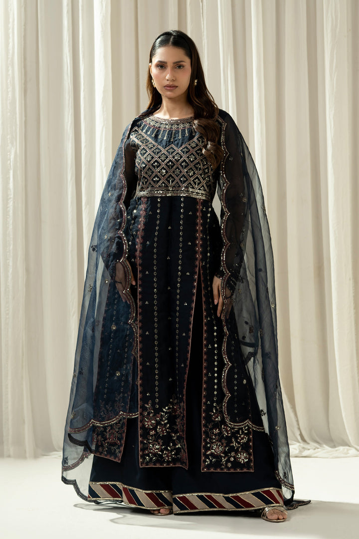 Embroidered Organza Deep Blue Stitched Suit - Zeen