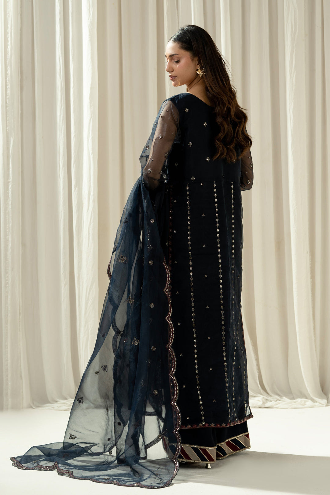 Embroidered Organza Deep Blue Stitched Suit - Zeen
