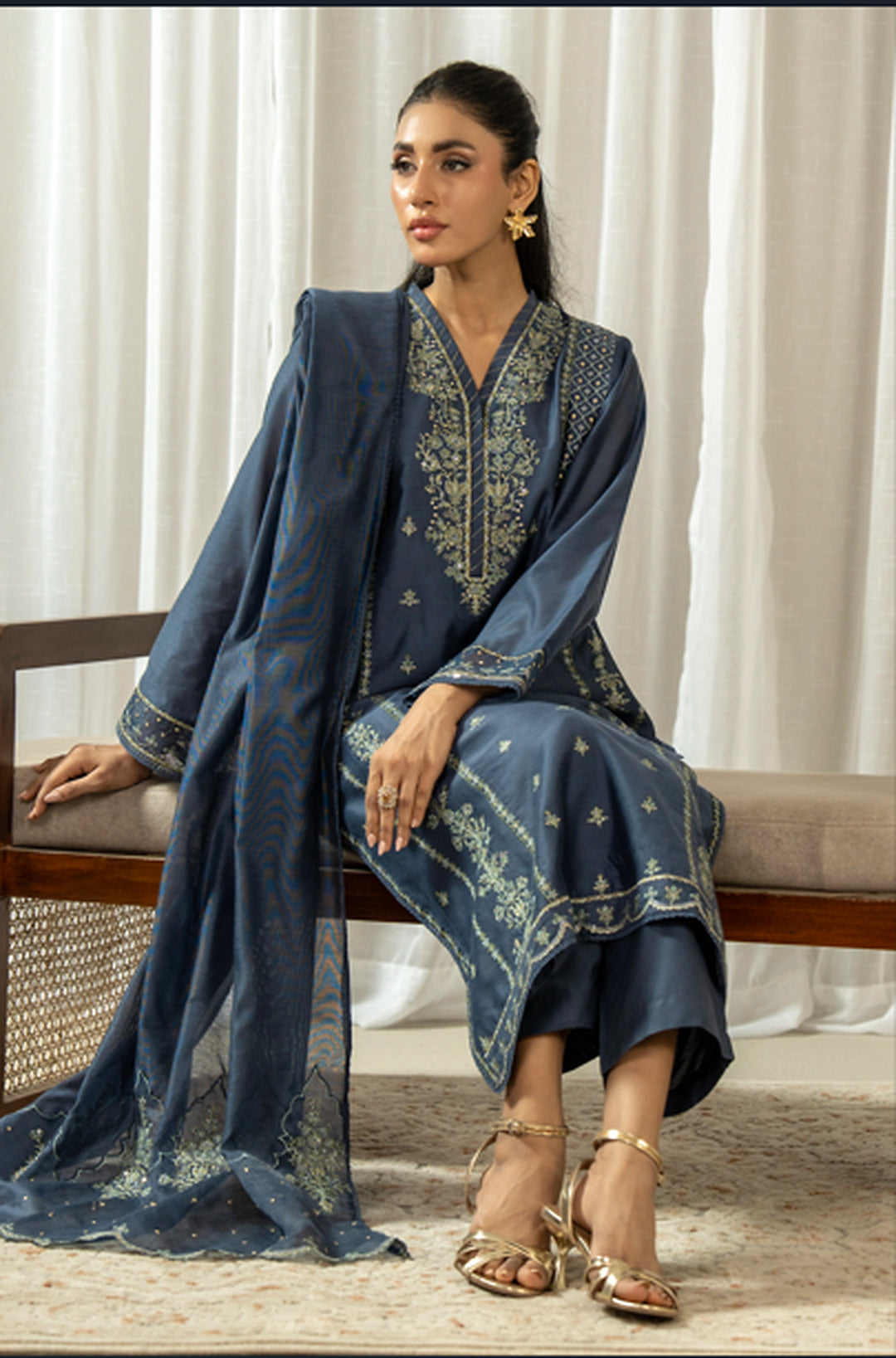 Embroidered Raw Silk Blue Stitched Suit - Zeen