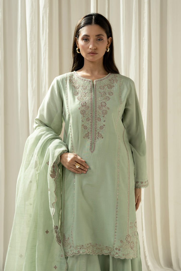 Embroidered Cotton Silk Light Green Stitched Suit - Zeen