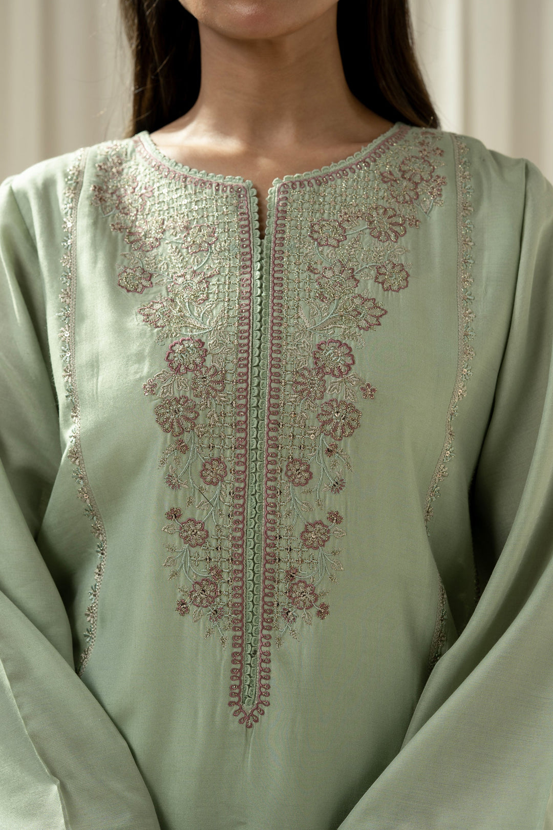 Embroidered Cotton Silk Light Green Stitched Suit - Zeen