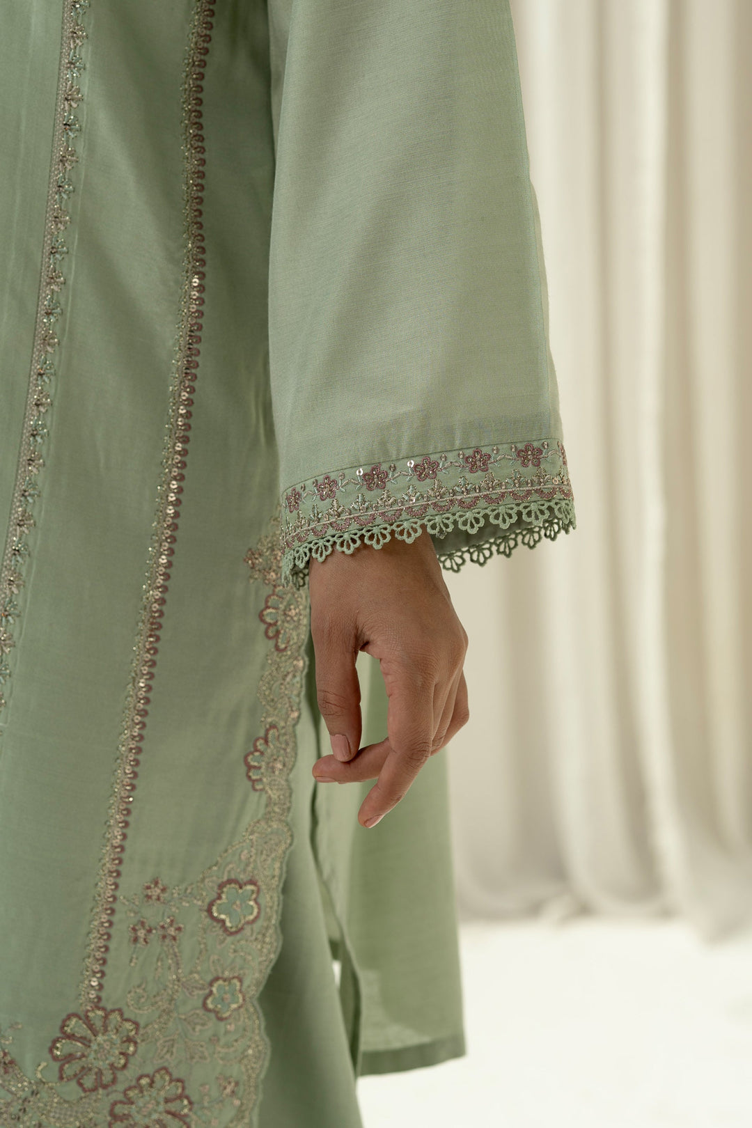 Embroidered Cotton Silk Light Green Stitched Suit - Zeen