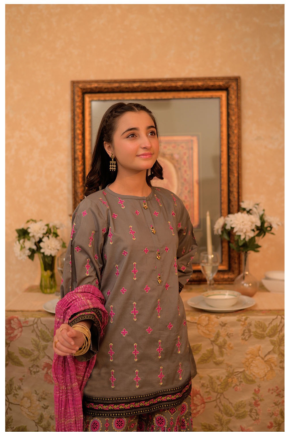 Cotton Lawn Gold Printed Grey Stitched Suit - Senorita