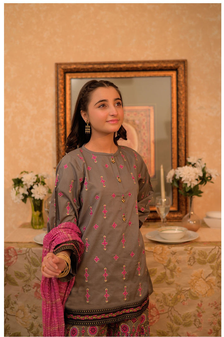Cotton Lawn Gold Printed Grey Stitched Suit - Senorita