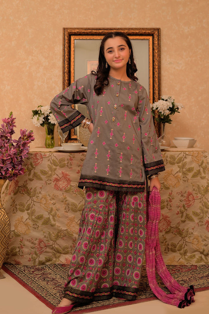 Cotton Lawn Gold Printed Grey Stitched Suit - Senorita