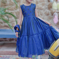 Viscose Chambray Katan Navy Blue & Gold Stitched Suit - Senorita