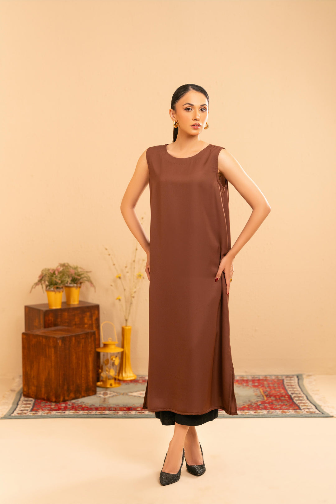 Sleeveless Cocoa Satin Slip Dress