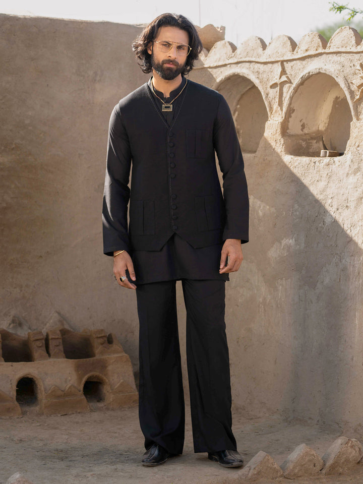 Blended Black Waist Coat Suit - J. Junaid Jamshed