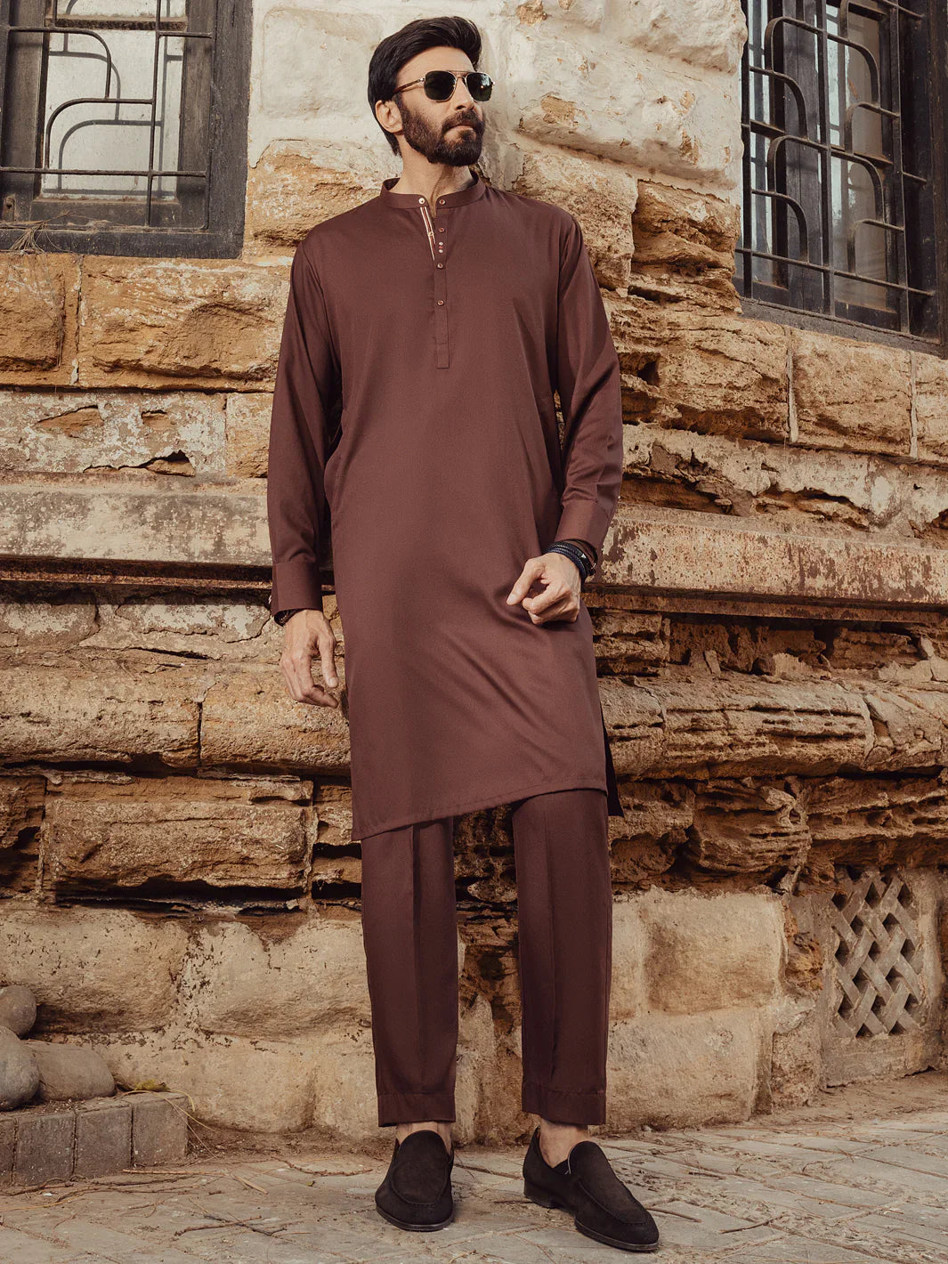 Blended Maroon Kurta Trouser- Almirah
