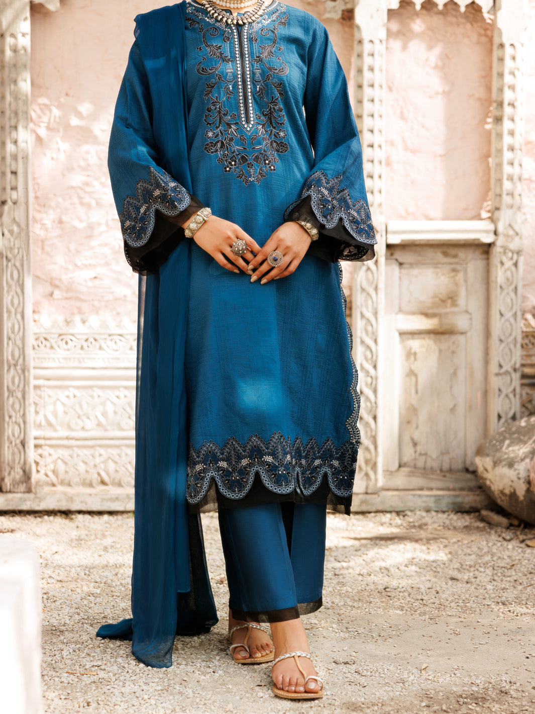 Dobby Teal Stitched Suit - Almirah