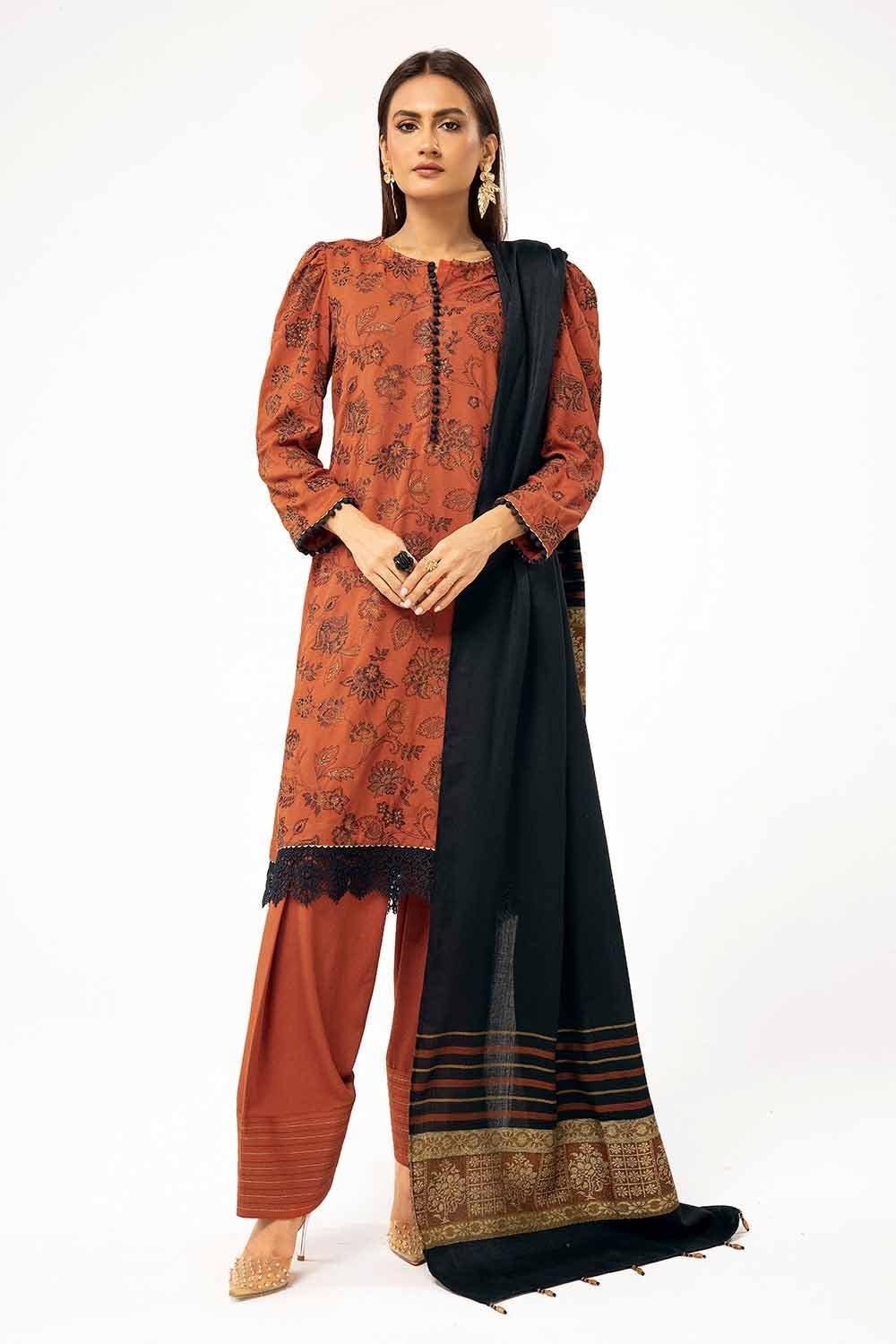 Embroidered Karandi Orange Unstitched Suit - Gul Ahmed