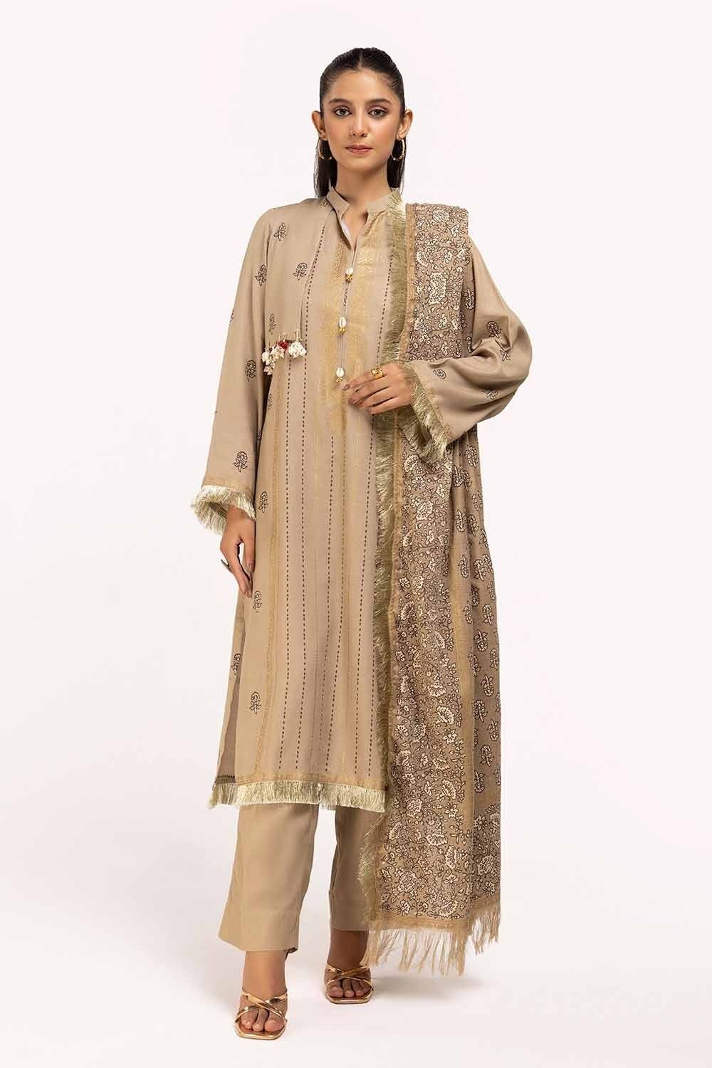 Printed Karandi Beige Unstitched Suit - Gul Ahmed