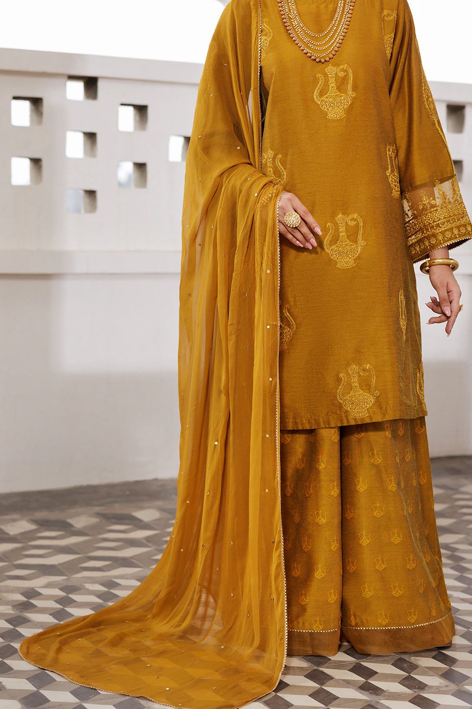 Poly Jacquard Mustard Stitched Suit - Almirah