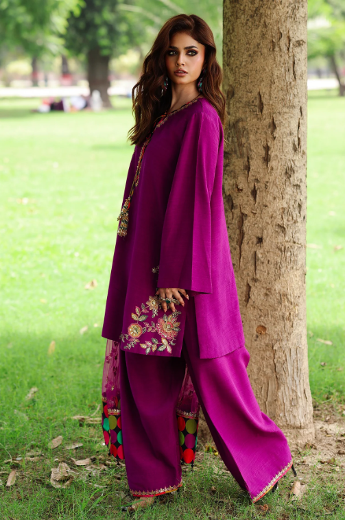 Embroidered Raw Silk Purple Stitched Suit - Charizma