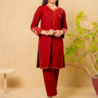 Cotton Embroidered Maroon Stitched Suit - Ochre