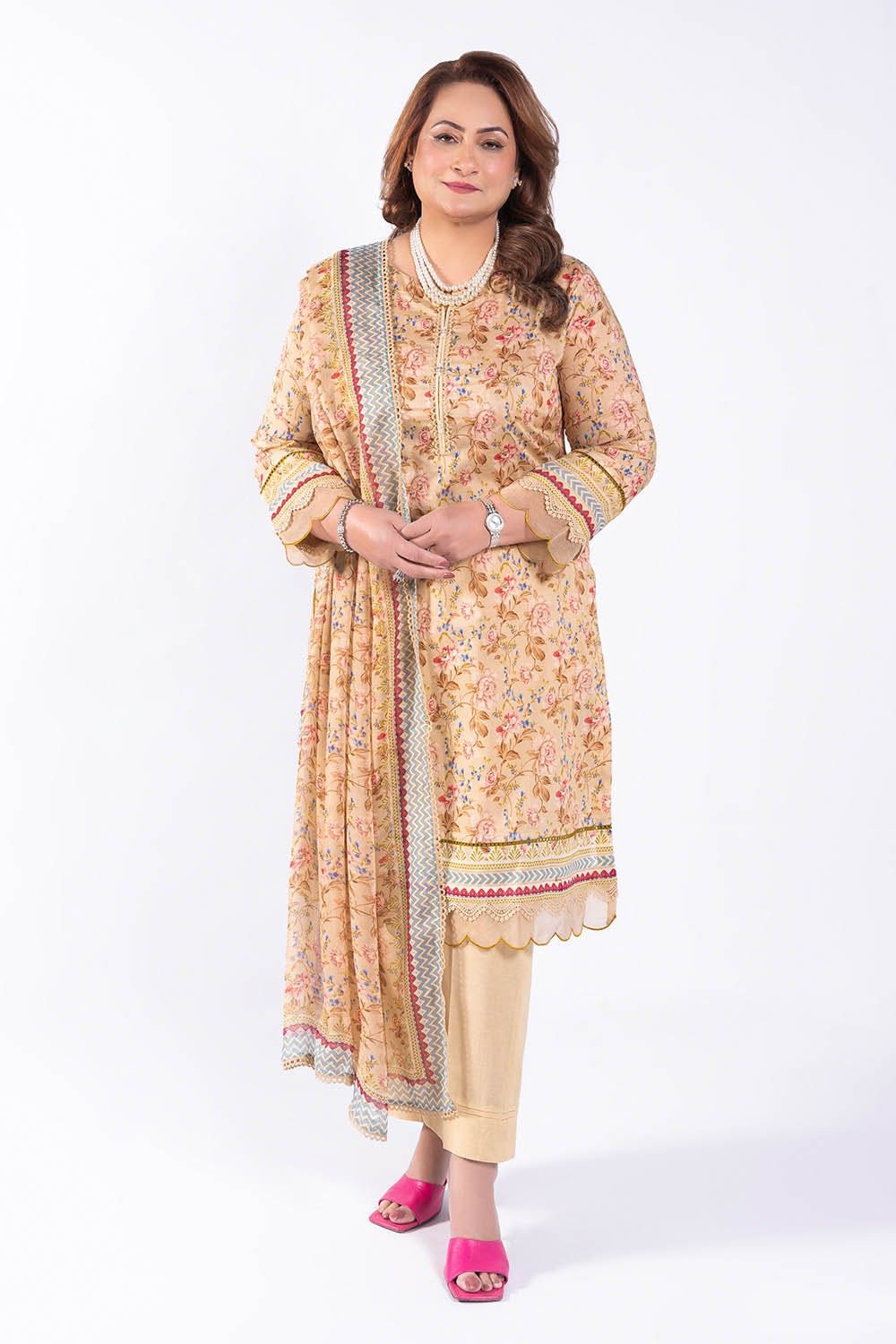 Printed Lawn Beige Unstitched Suit - Gul Ahmed