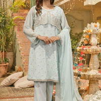 Poly Lawn Digital Printed Blue Stitched Suit - Ochre