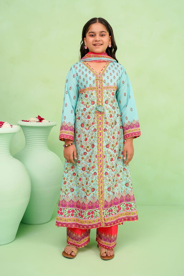 Poly Lawn Digital Printed Blue Stitched Suit - Ochre