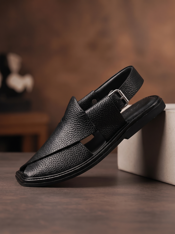 Jet Black Peshawari Chappal - Jiah
