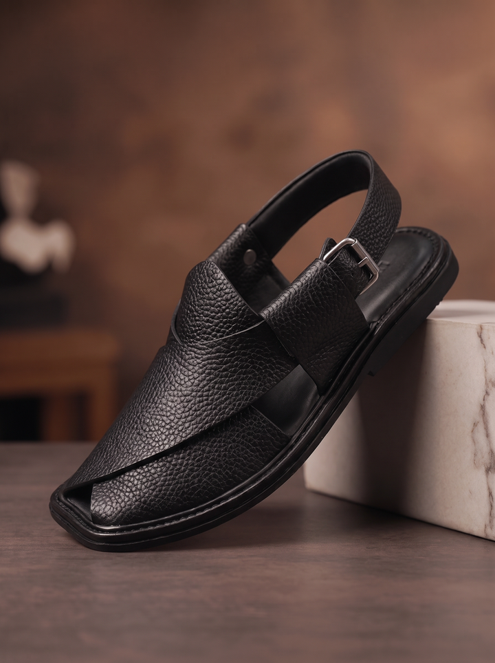 Jet Black Peshawari Chappal - Jiah