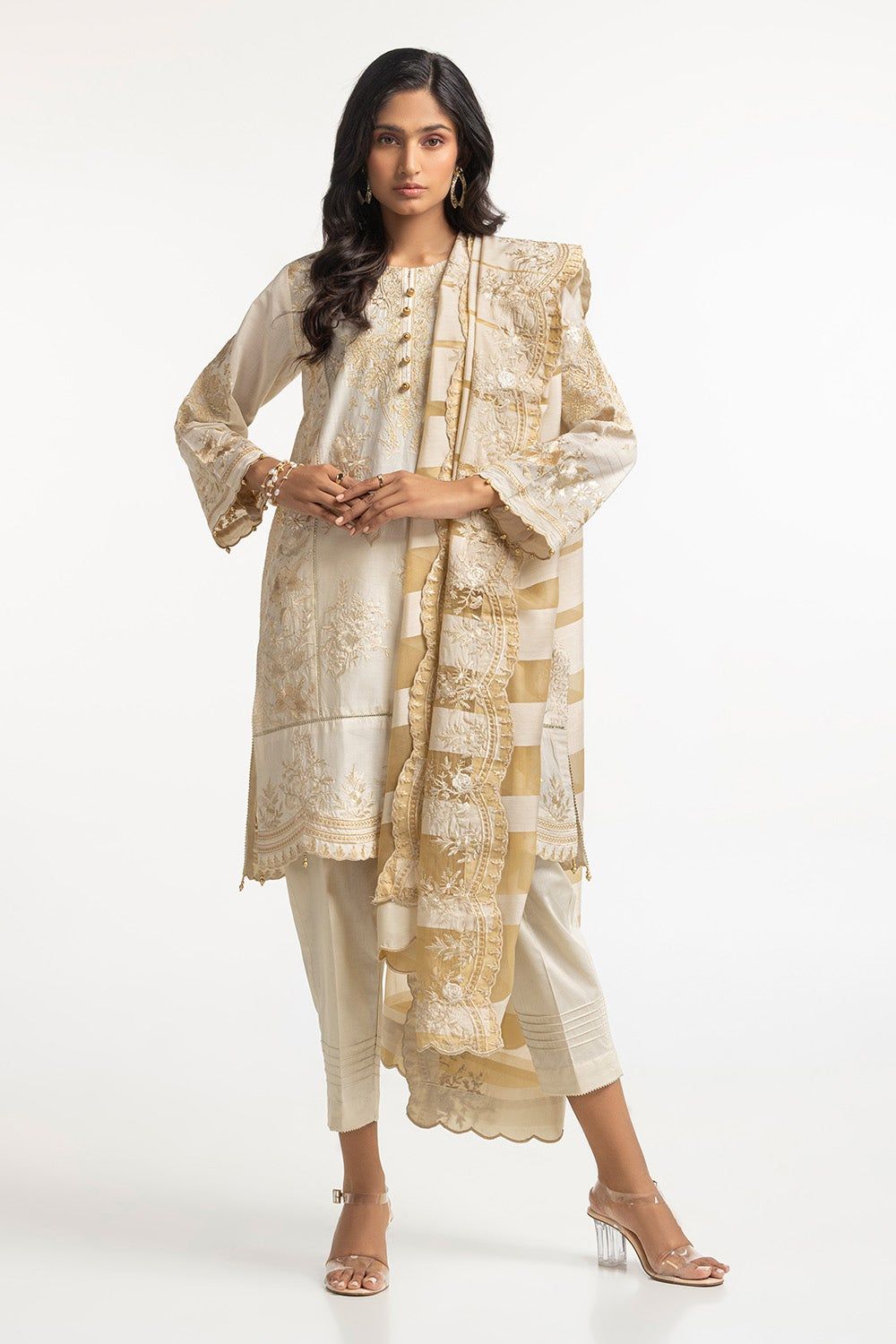 Zari Lawn Embroidered Beige Stitched Suit - Gul Ahmed