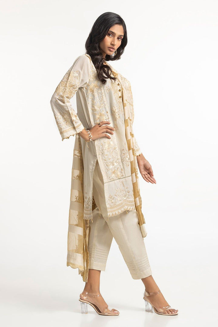 Zari Lawn Embroidered Beige Stitched Suit - Gul Ahmed