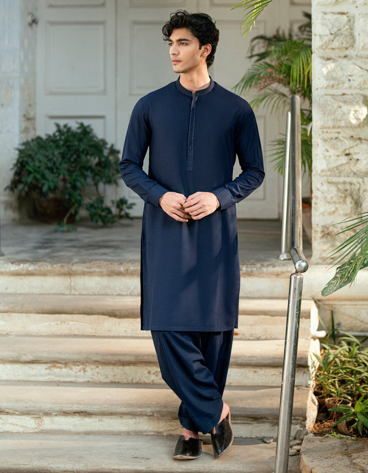 Blended Navy Blue Shalwar Kameez - J. Junaid Jamshed