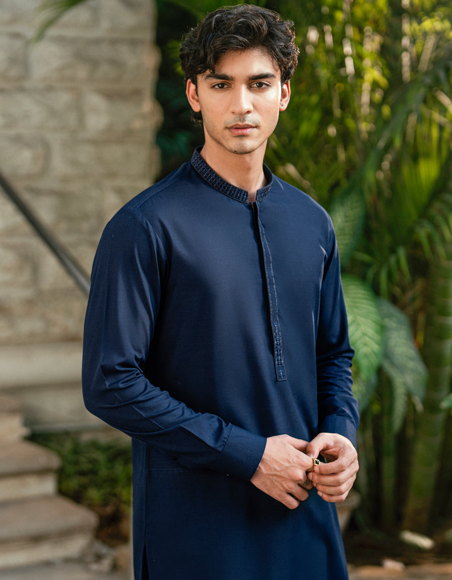 Blended Navy Blue Shalwar Kameez - J. Junaid Jamshed