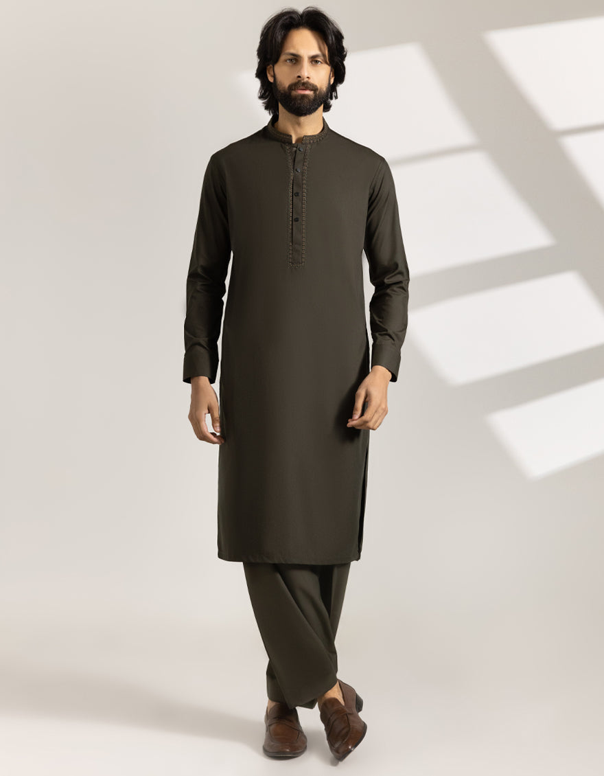 Blended Army Green Shalwar Kameez - J. Junaid Jamshed