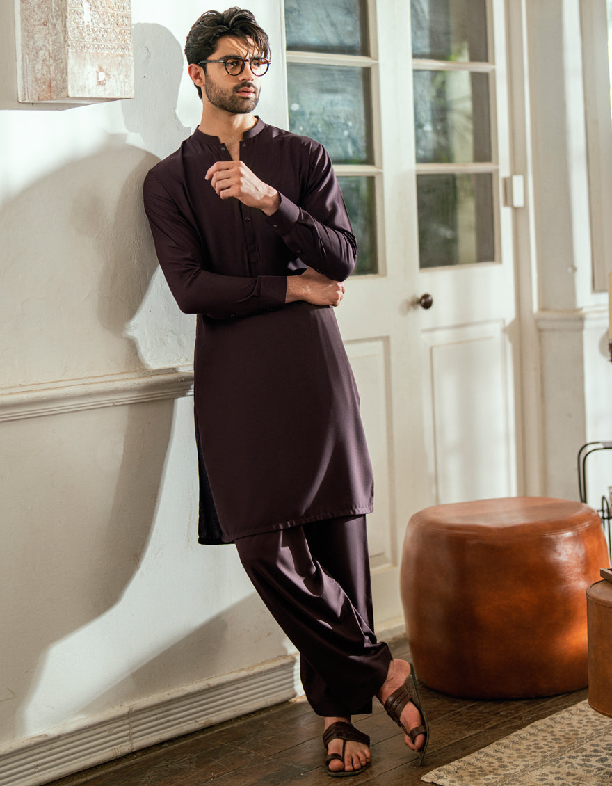 Blended Dark Brown Shalwar Kameez - J. Junaid Jamshed
