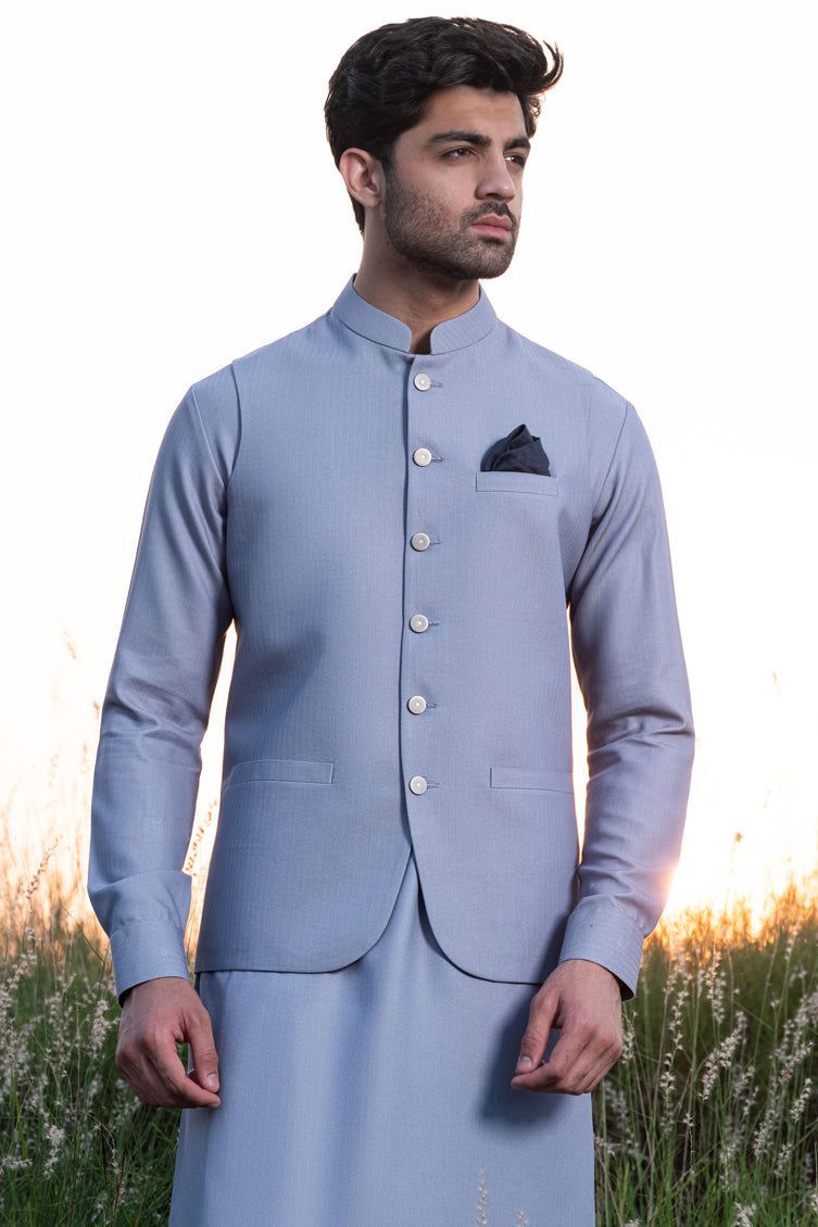 Blended Blue Shalwar Kameez with Waist Coat - J. Junaid Jamshed