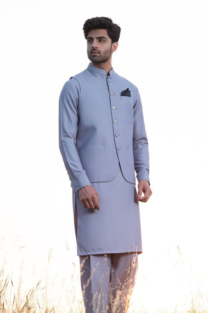 Blended Blue Shalwar Kameez with Waist Coat - J. Junaid Jamshed