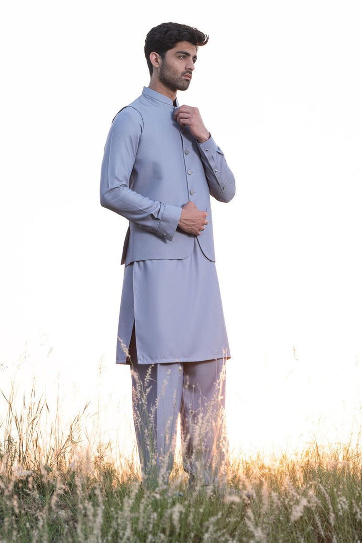 Blended Blue Shalwar Kameez with Waist Coat - J. Junaid Jamshed