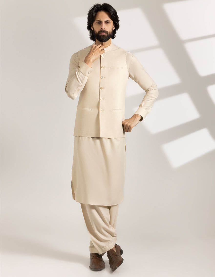 Blended Sand Kurta Trouser with Waist Coat - J. Junaid Jamshed