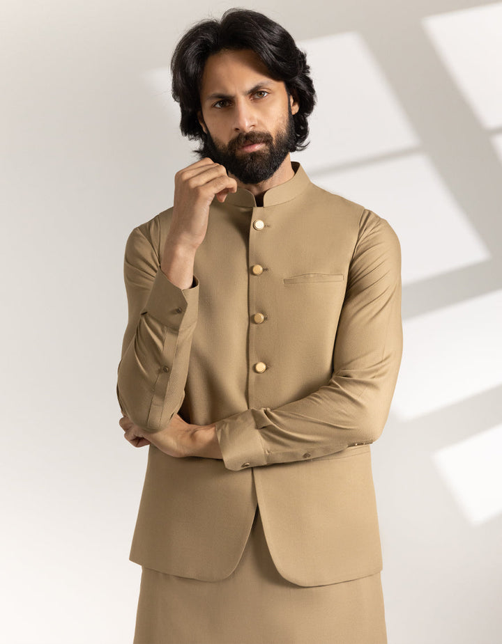 Blended Brown Shalwar Kameez with Waist Coat- J. Junaid Jamshed