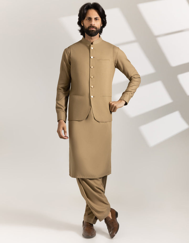 Blended Brown Shalwar Kameez with Waist Coat- J. Junaid Jamshed