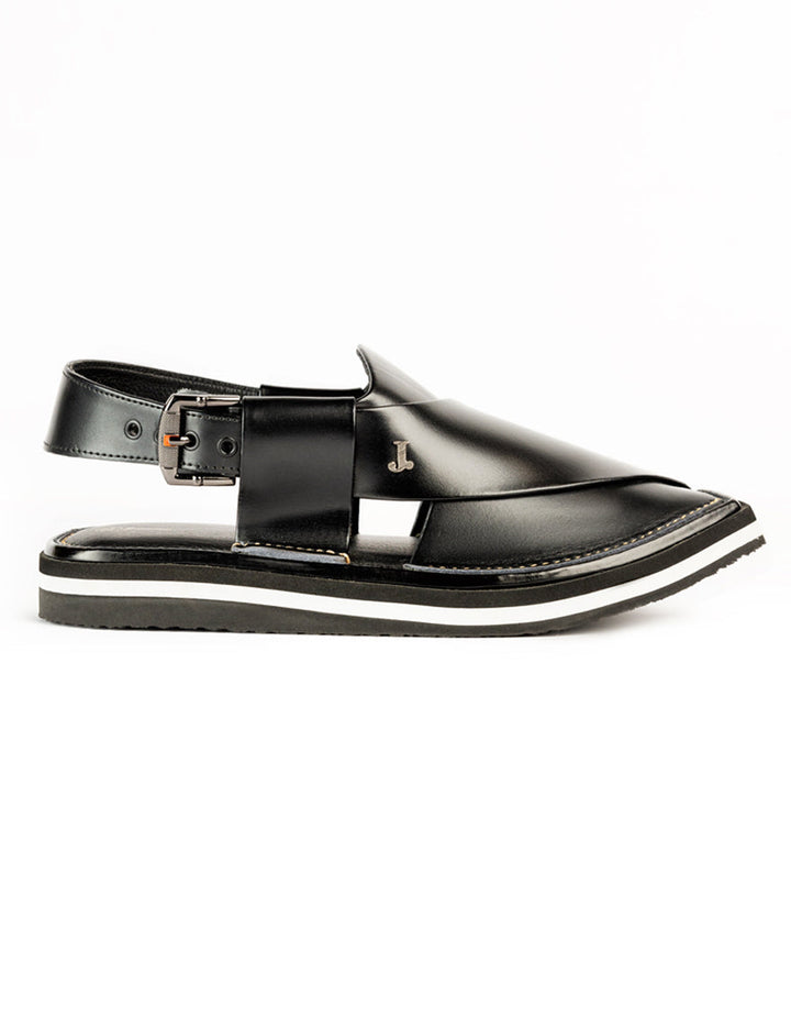 Plain Shiny Black Peshawari Chappal - J. Junaid Jamshed