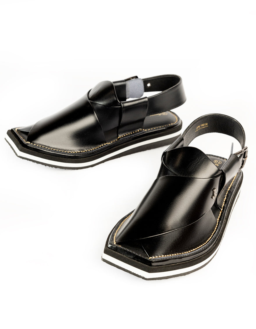 Plain Shiny Black Peshawari Chappal - J. Junaid Jamshed