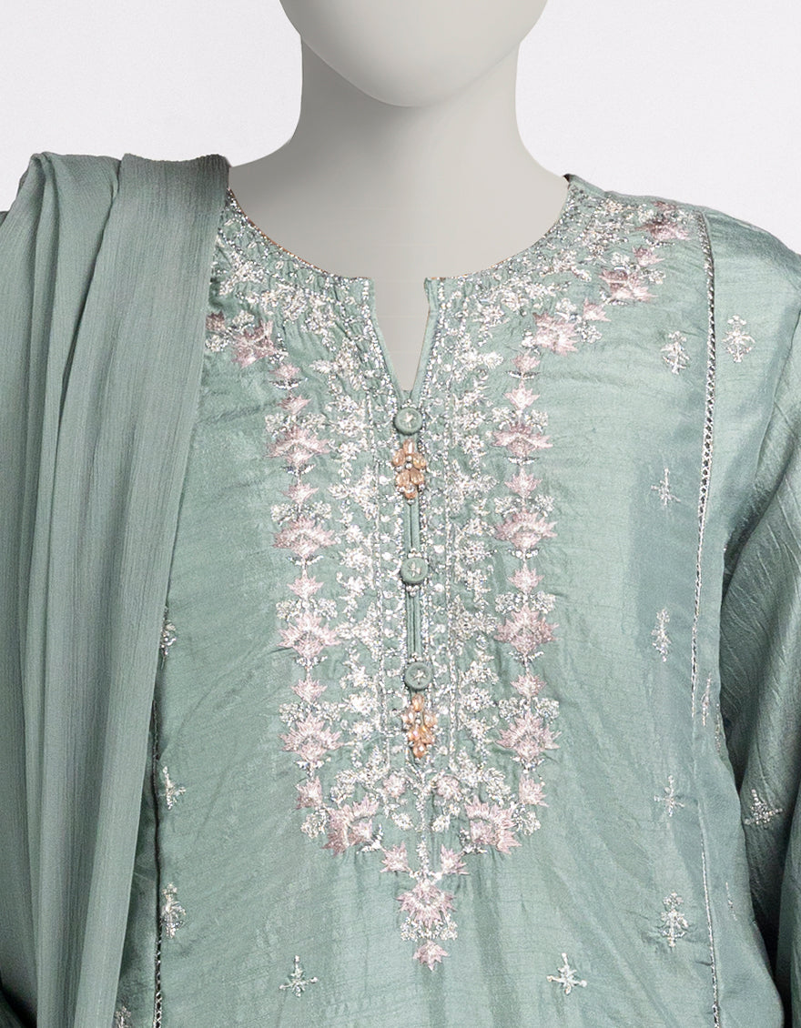 Raw Silk Green Stitched Suit - J. Junaid Jamshed