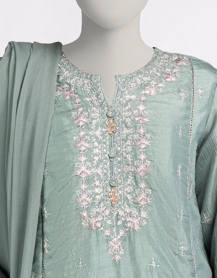Raw Silk Green Stitched Suit - J. Junaid Jamshed