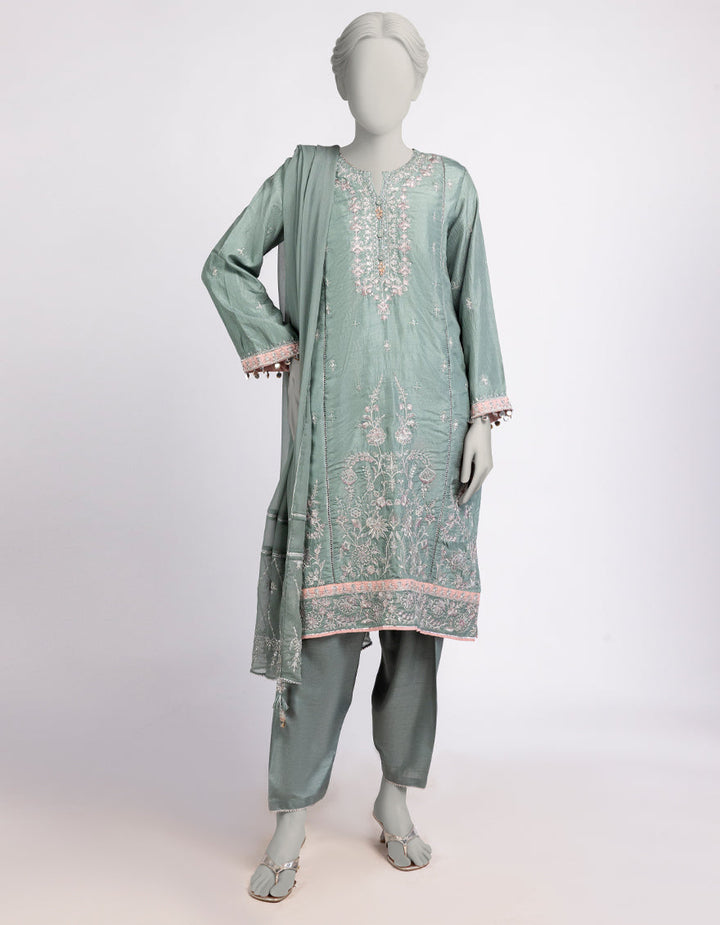 Raw Silk Green Stitched Suit - J. Junaid Jamshed